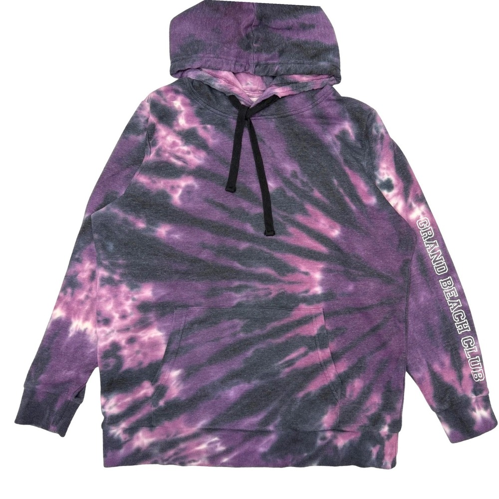 Grand Beach Club Hoodie Vintage‎ 90's Tie Dye White Sleeve Graphic Purple Grey L